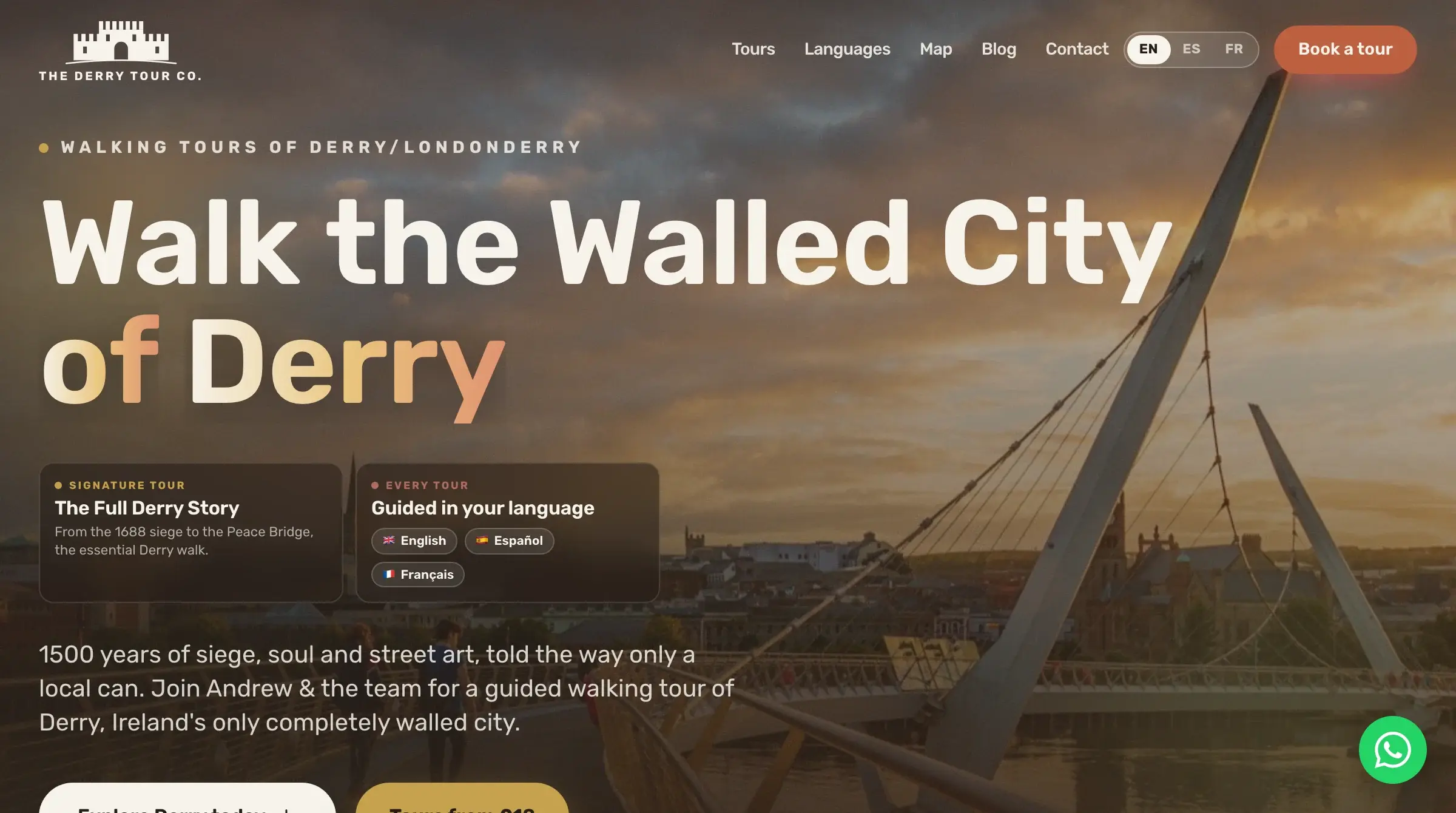 The Derry Tour Co. home page: the headline “Walk the Walled City of Derry” in cream and amber over a photograph of the Peace Bridge at sunset, with tour and language cards beneath it.