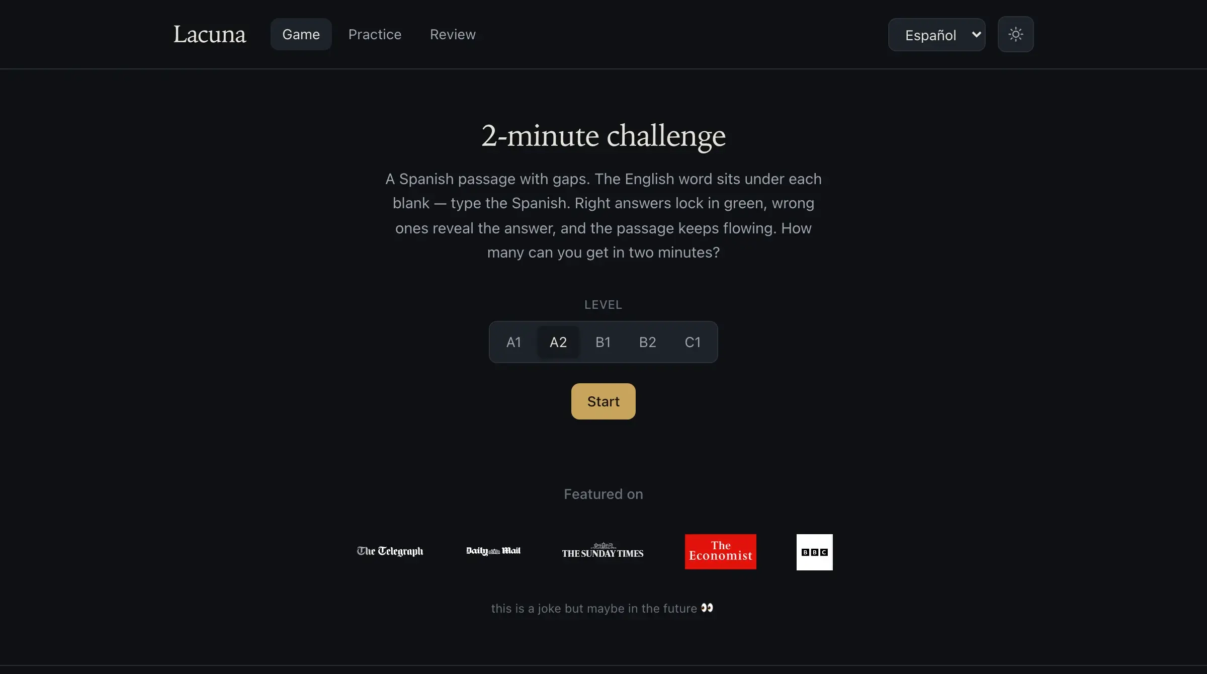 The Lacuna start screen on a dark ground: “2-minute challenge” set in a serif display face, above a CEFR level selector running A1 to C1 and a start button.