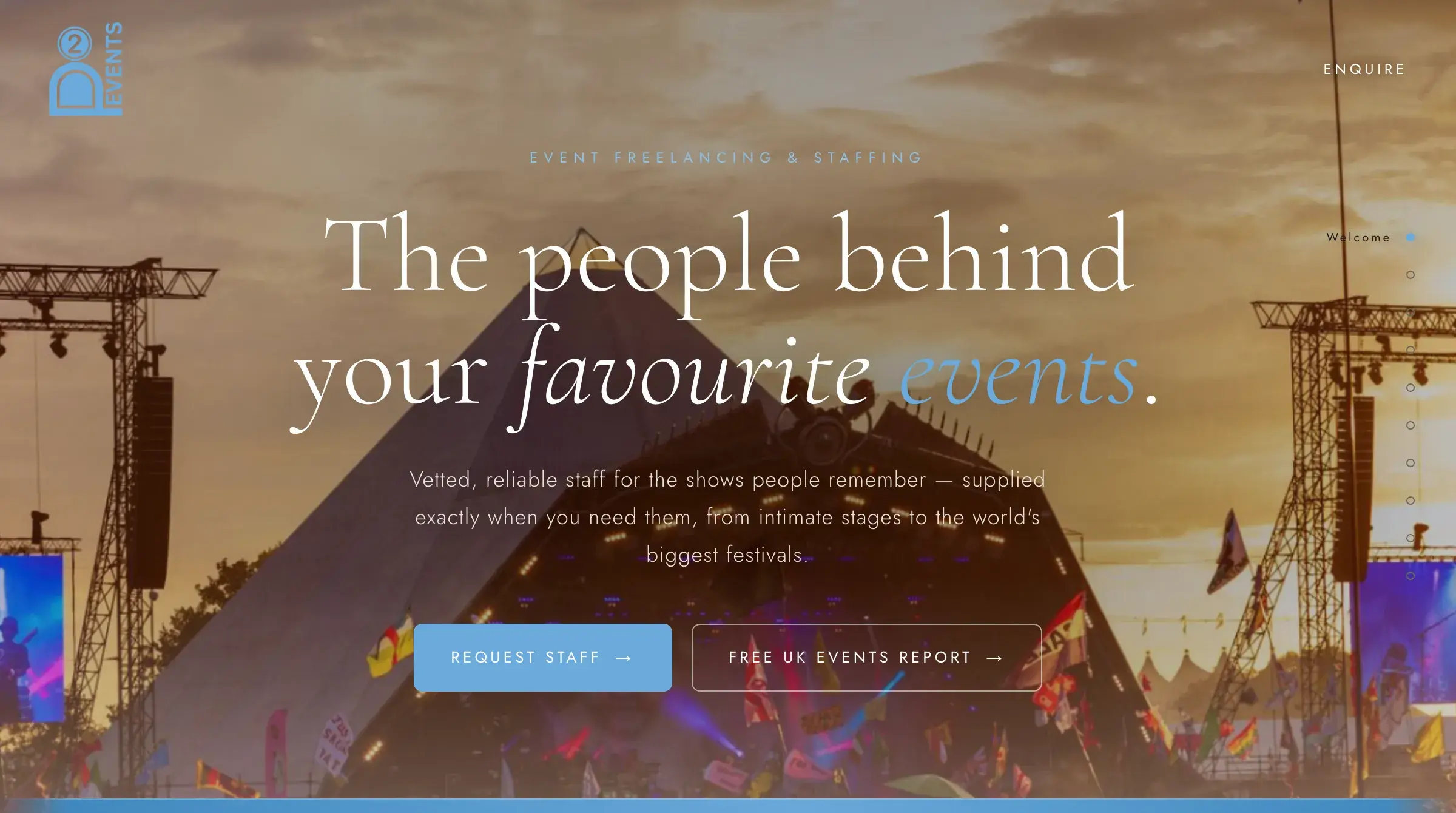 The People2Events home page: “The people behind your favourite events” set over a festival main stage at dusk, above buttons to request staff and to download the UK events report.